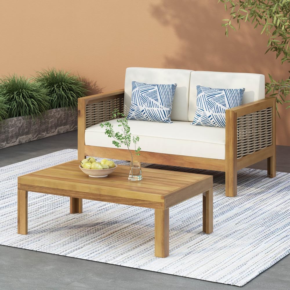 Outdoor Loveseat and Coffee Table Set with Cushions, Acacia Wood Frame and Wicker Accents for Patio or Backyard