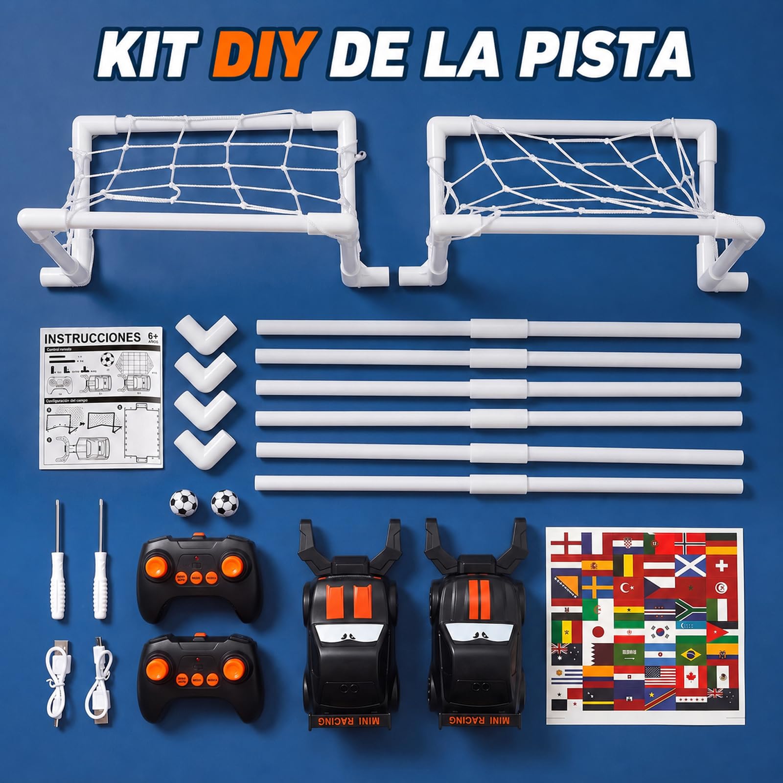 GizmoVine Juego de Fútbol RC para 2 Jugadores, 2 Coches Teledirigidos 2,4 GHz con Campo de Fútbol y Porterías, Giro 360°, Luces LED y Música, Juguete Interactivo para Niños de 6-15 Años