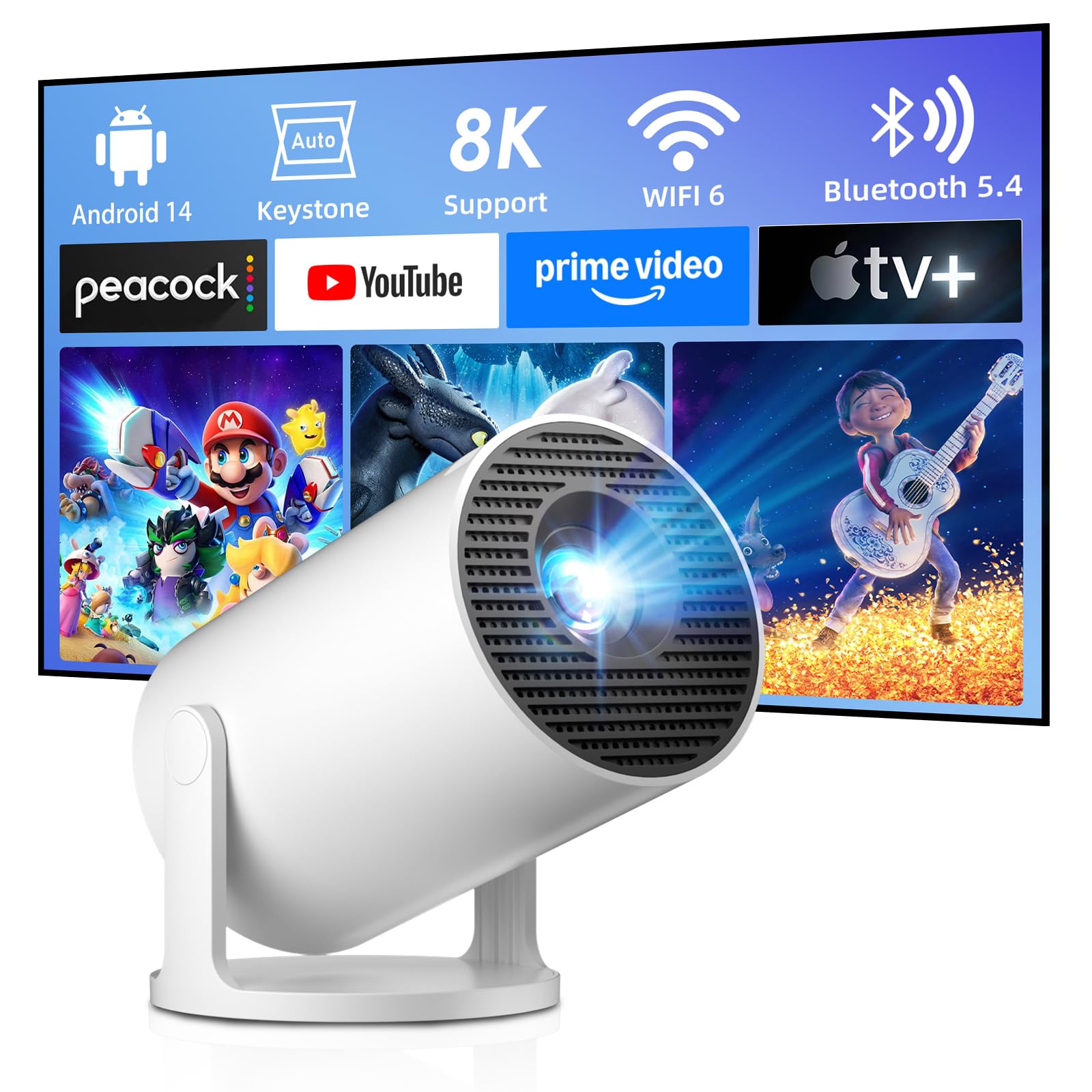 Salange Mini proiettore, supporta 4K WiFi 6 BT5.2, proiettore Android 11.0 home cinema, 180° rotazione Smart Beamer cellulare per Phone/Xbox/Laptop/TV Stick/USB, bianco