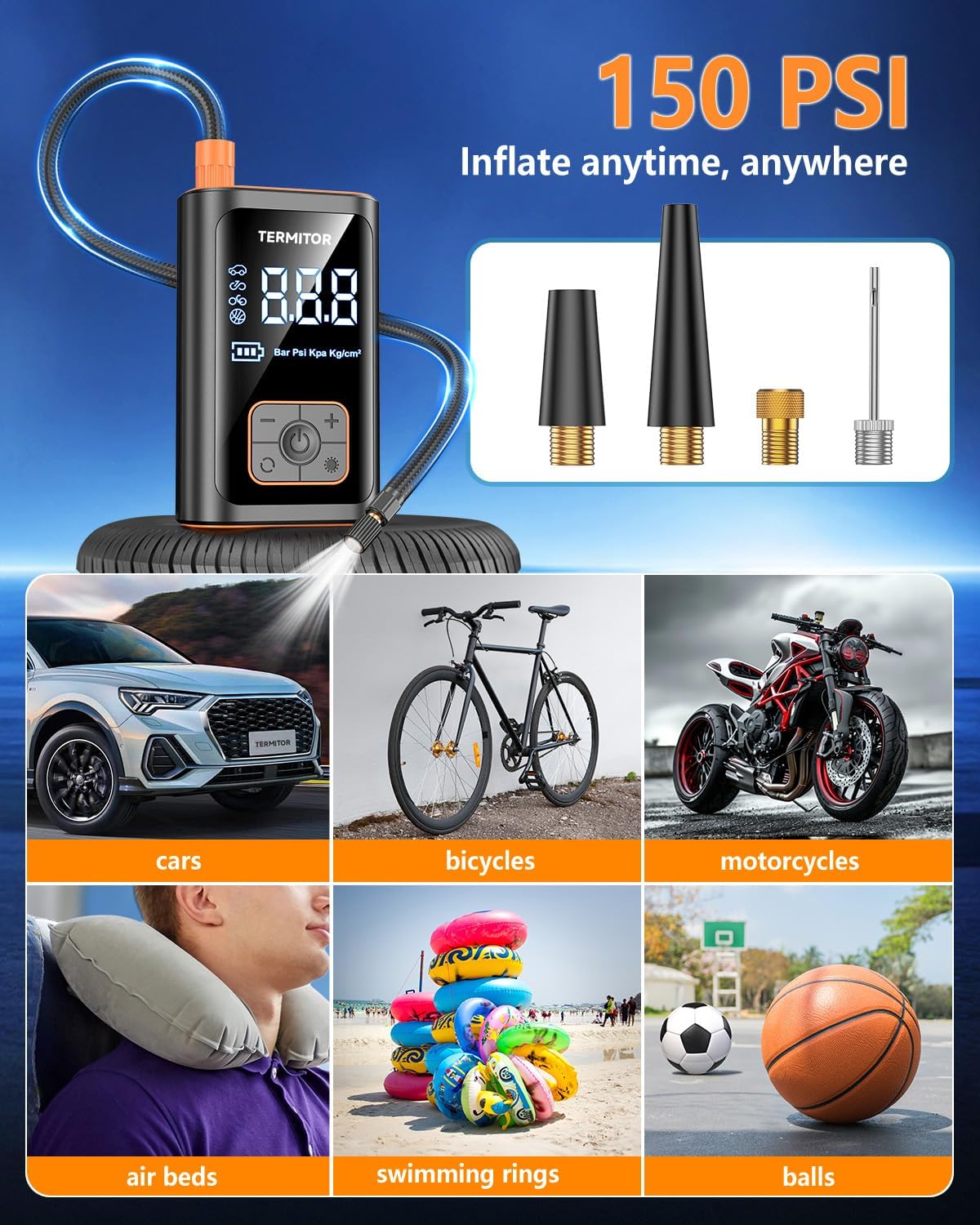 Termitor Tire Inflator Portable Air Compressor 150PSI Cordless Air Pump for Car, Motorcycle, Bicycle Tires, Balls, Auto Air Compressor with Digital Pressure Gauge, Emergency LED Light
