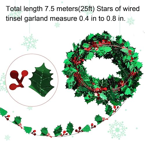 Miniatura 3 de CCINEE Guirnalda de alambre de Navidad de 75 pies, 3 rollos de guirnaldas de oropel de hojas rojas y verdes para decoración de árbol de Navidad,