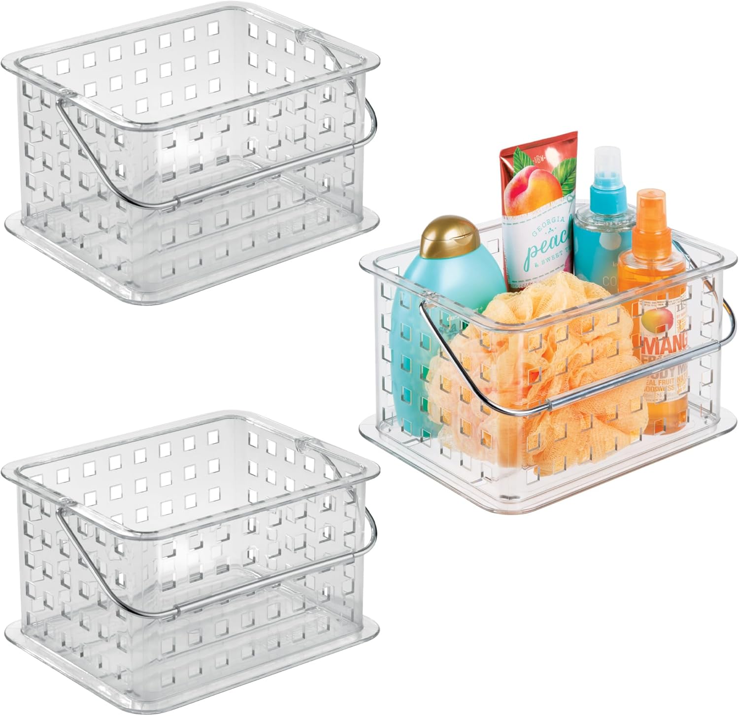 iDesign Small Clear Shower Caddy with Handle, Portable Shower Organizer for Dorm or Bathroom, 3-Pack