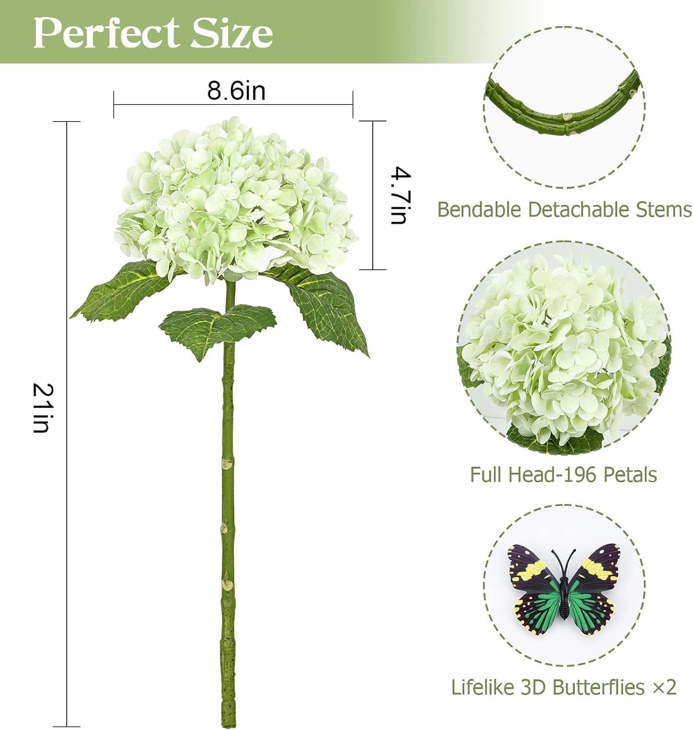 4 Pcs Hydrangea Artificial Flowers, 2 Green & 2 White Real Touch Flowers, 21" Faux Hydrangea Flowers, Fake Hydrangea Flowers for Outdoor Wedding Office Home Decor Table Centerpieces - Image 3