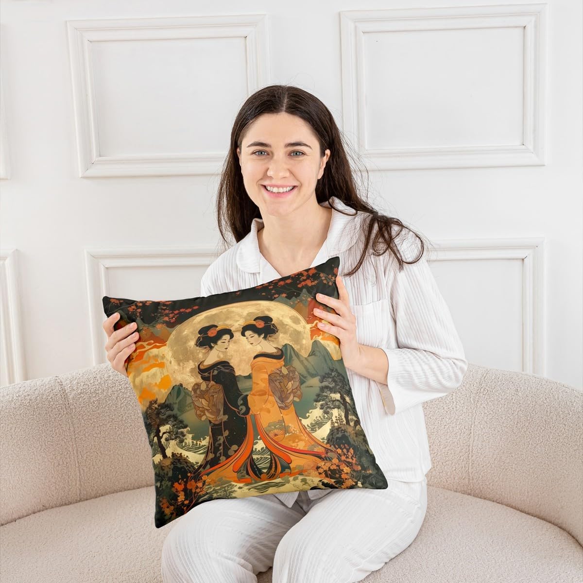 Erosebridal Geisha Decorative Pillowcase 24x24 Inch Japanese Style Throw Pillow Cover for Kids Girls Women Kimono Ukiyo-E Floral Blue Orange Cushion Case Soft Cushion Cover