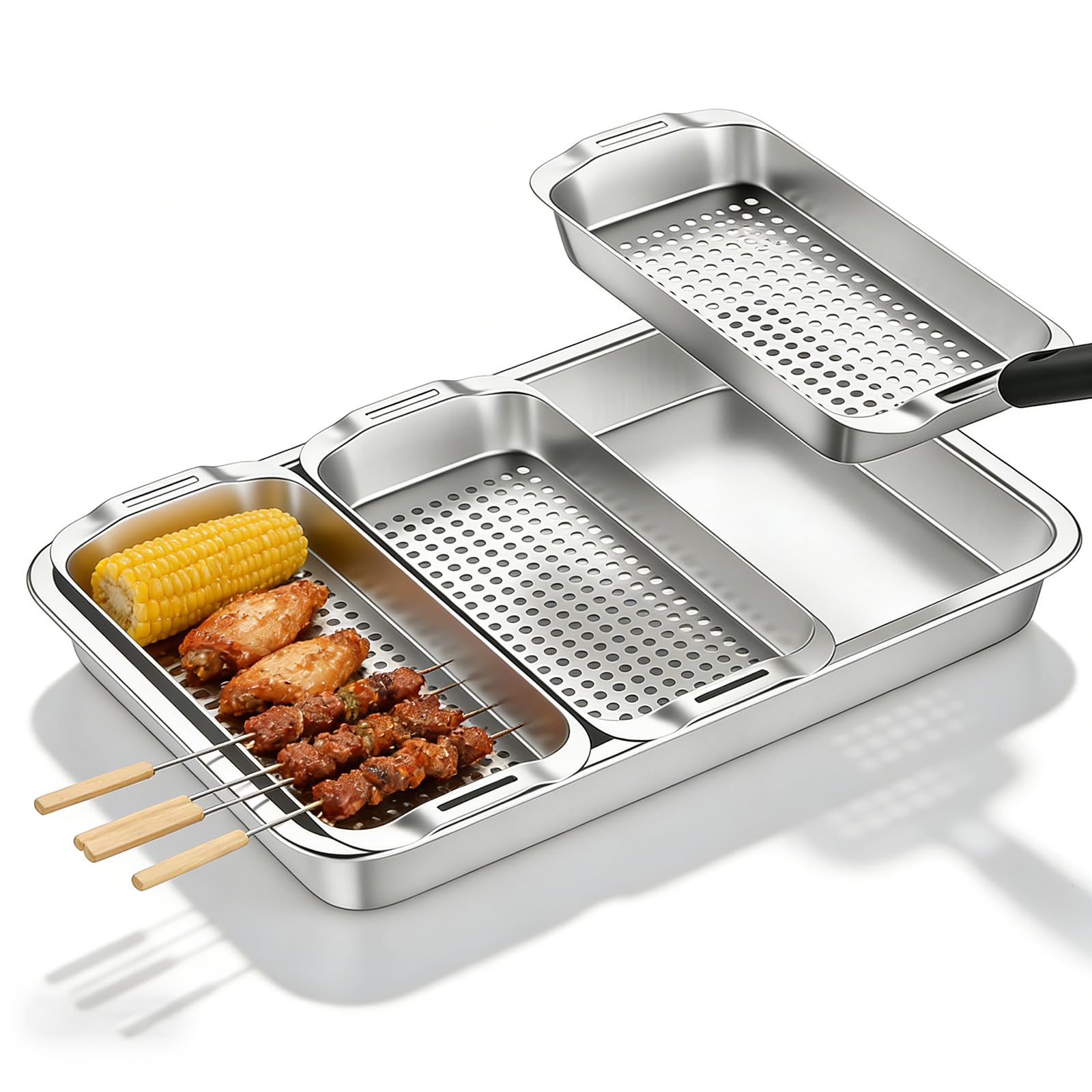 5 Stück Grillkorb Set, Grillschale Edelstahl, Edelstahl Bbq Grillschalen, Grillpfännchen Für Gasgrill Mit Ölnebelabstreifer, BBQ Grill Zubehör Mit Löchern Für Gemüse, Fleisch, Schrimps, Käse Und Brot