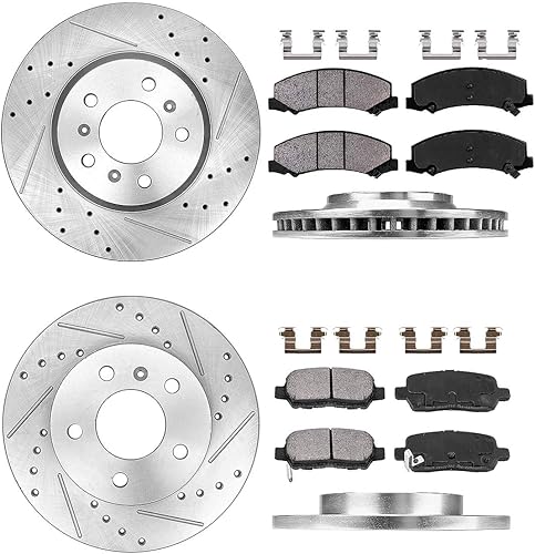 Callahan Rotores de disco de freno ranurados delanteros y traseros y pastillas de freno de cerámica + kit de freno de hardware para Chevy Impala
