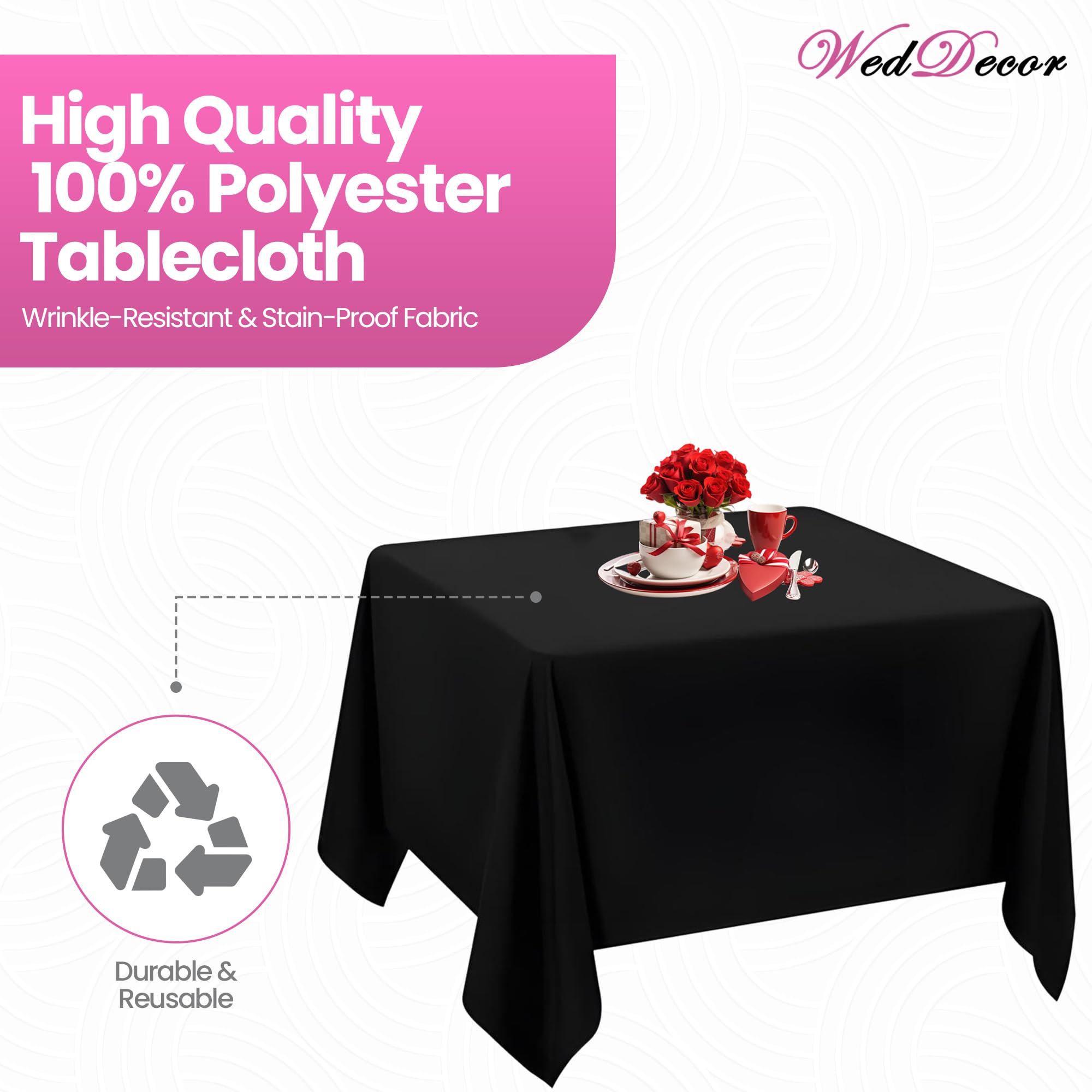 Weddecor 70 x 70 Pulgadas Negro 10 Piezas Mantel Cuadrado Tela de poliéster Duradero Mantel para Boda cumpleaños Aniversario Cena Fiesta Eventos decoración
