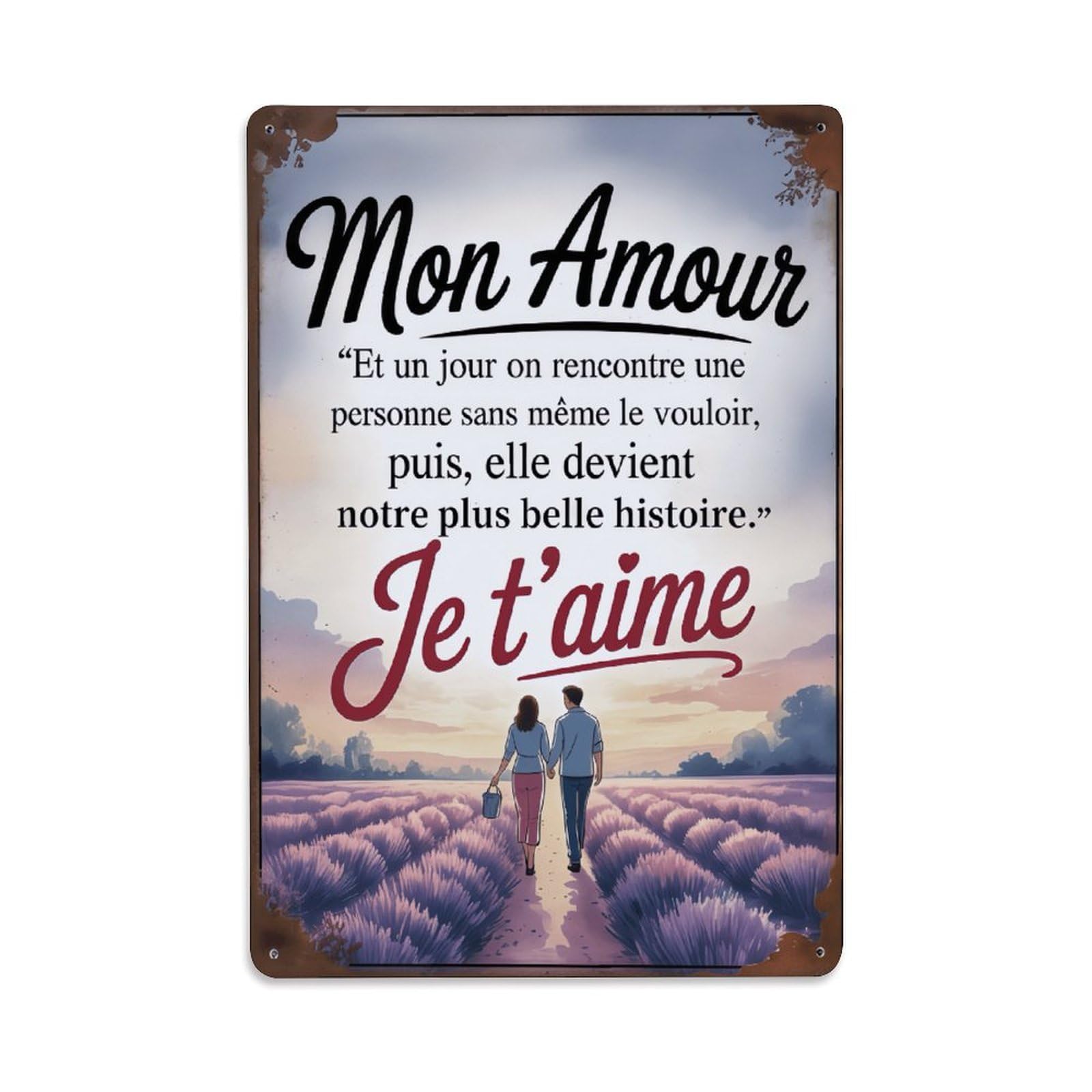 Lavender Field Couple French Love Decor Sign Vintage Aluminium Metal Sign, Retro Wall Decor for Home, Bar, Garage & Farmhouse 30x20cm