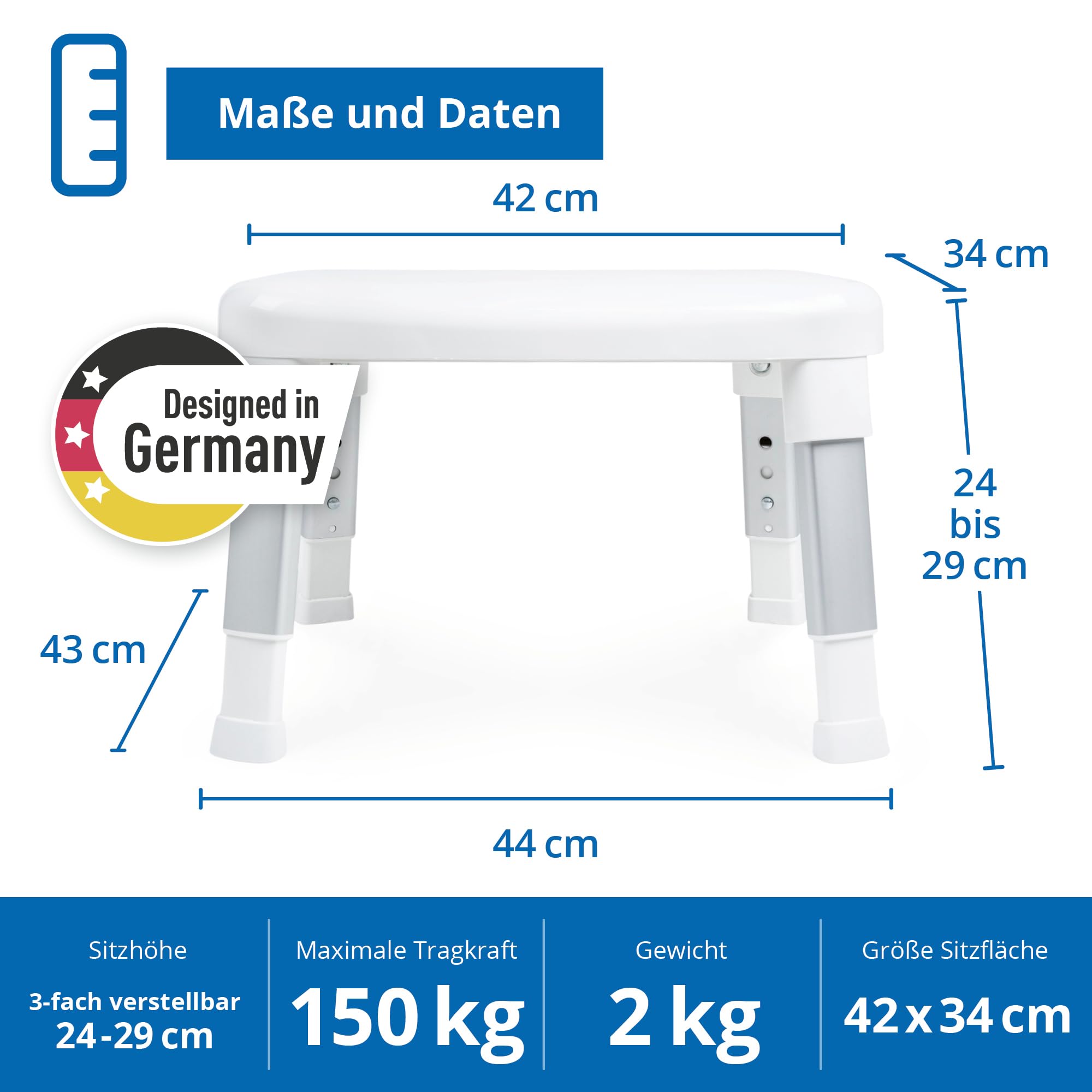 Weinberger Fußhocker Tritthocker | Einstiegshilfe Badewanne | Trittstufe Waschbecken | Höhenverstellbar | Anti-Rutsch | Moderne Badezimmerhilfe für Senioren und Kinder | Modell 43910 | Weiß
