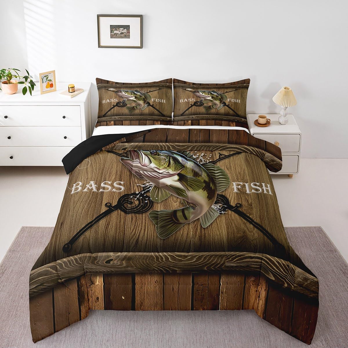 Feelyou Pike Fish Bedding Set Boys Girls Twin Size Bass Big Fish Comforter Set for Kids Women Men Ultra Soft Fishing and Hunting Comforter Set Rustic Duvet Set Room Decor Quilt