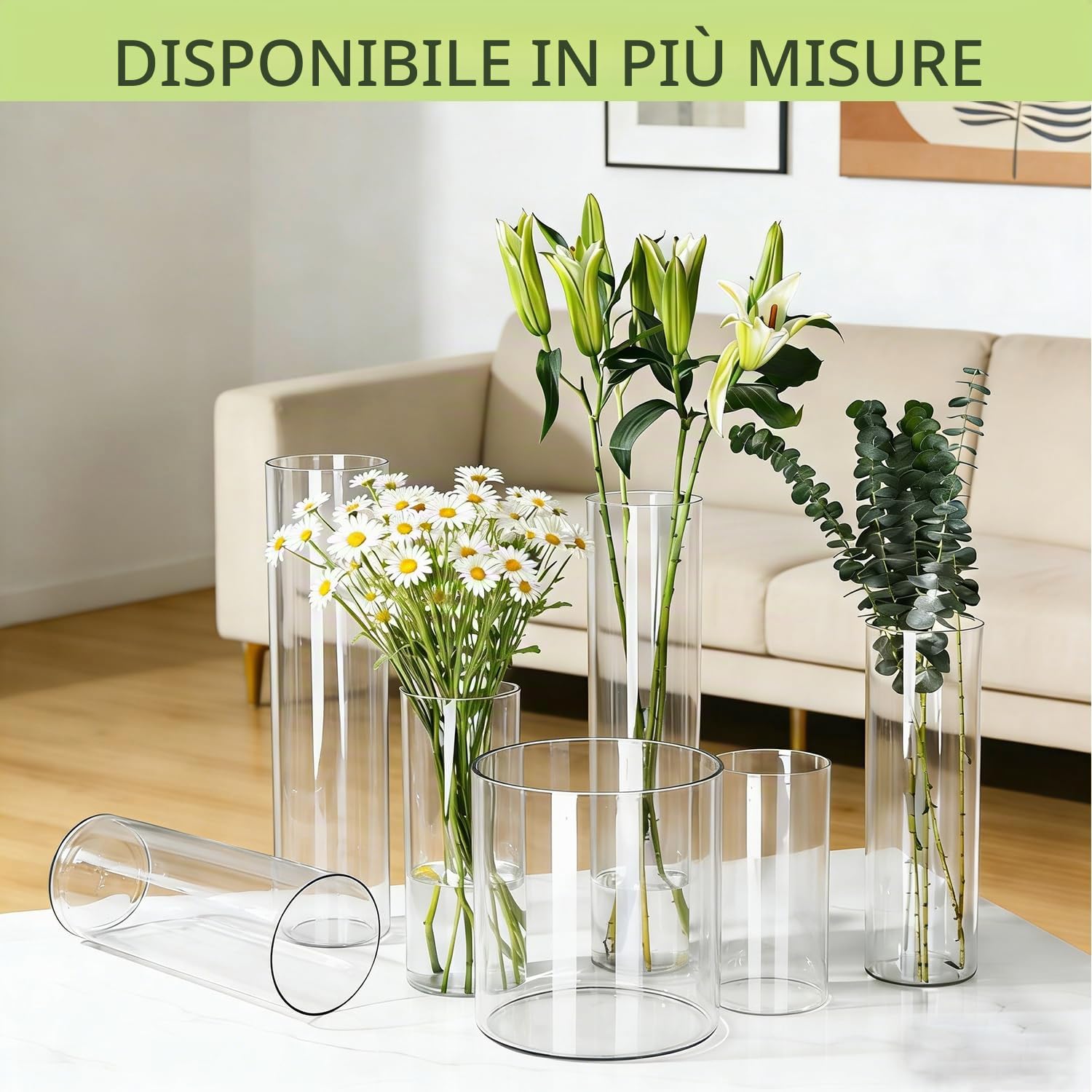 Set di 2 Vasi in Acrilico, Rotondo Vaso Trasparente, Vaso Indistruttibile Leggero, Vasi Trasparente Resistente per Fiori Freschi/Finti, Decorazione Interna/Esternea (10 x 20cm e 15 x 40cm)