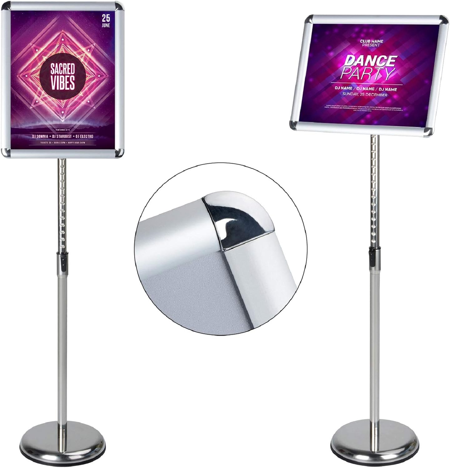 AKTOP Adjustable Poster Sign Stand, 11 X 17 Inch Heavy Duty Pedestal Floor Standing Sign Holder, Silver Snap-Open Aluminum Frame with Safety Rounded Corner