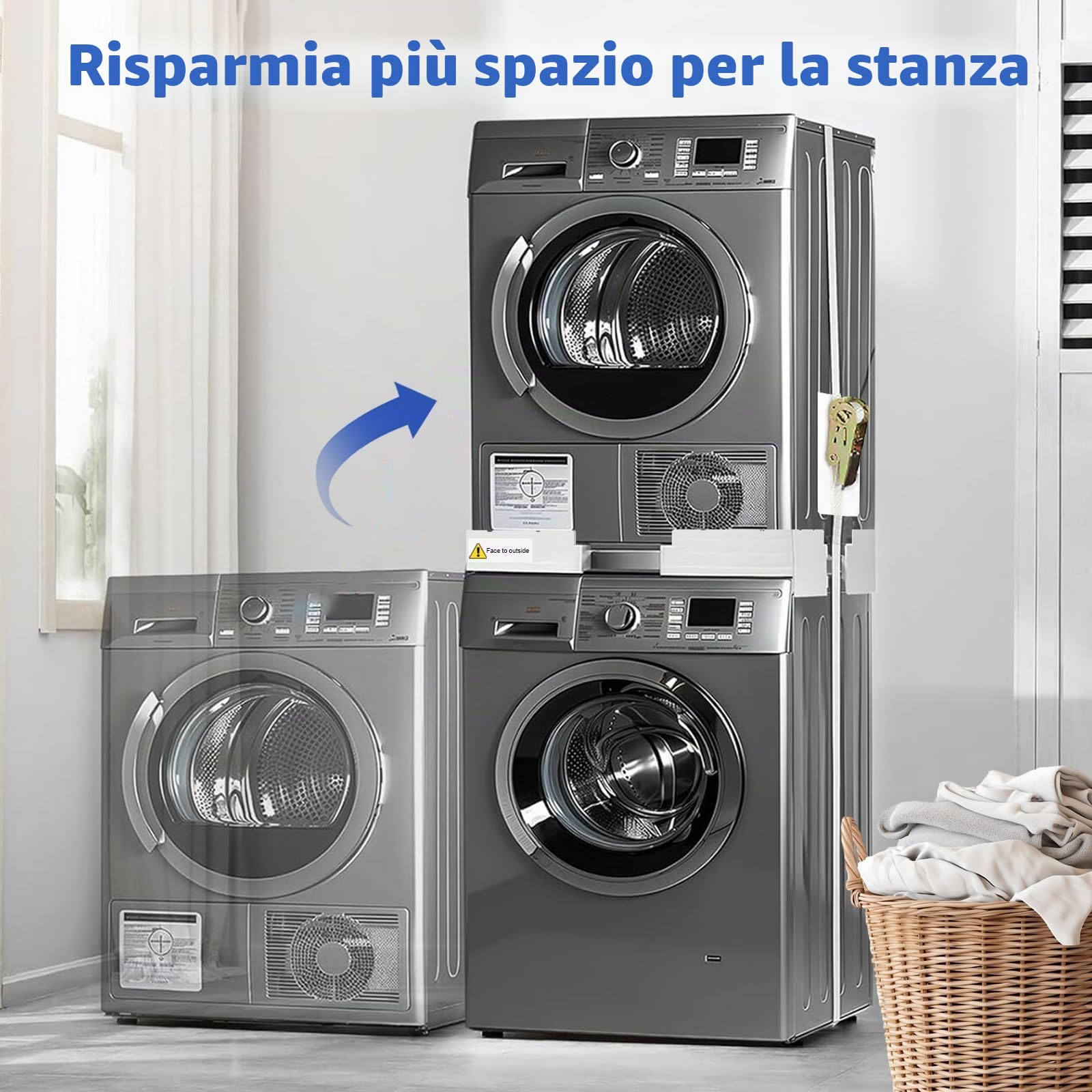 Kit Sovrapposizione Universale per Lavatrice Asciugatrice, Supporto Asciugatrice Sopra Lavatrice con 8 Cuscinetti Antivibranti e 1 Corde a Cricchetto, Telaio Intermedio Regolabile 44.5-70 CM