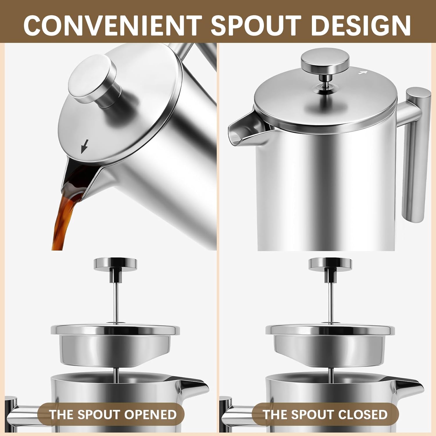 French Press Coffee Maker, 304 Grade Stainless Steel French Press with 2 Extra Filters for Home, Office, Travel, Camping - 34OZ/1 Litre (Sliver)