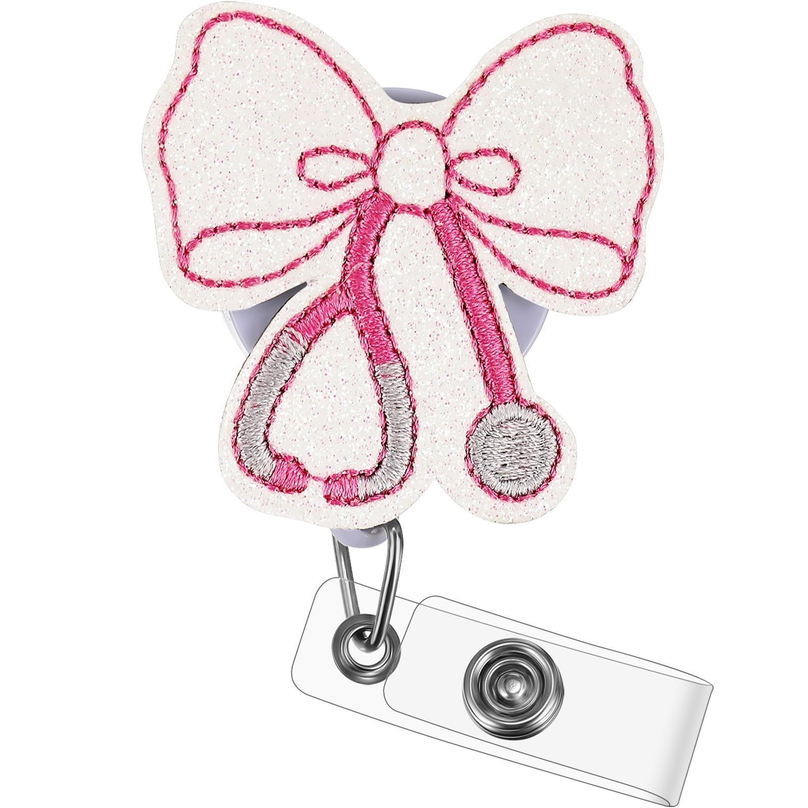 Solsew Coquette Pink Bow Stethoscope Badge Reel Retractable Badge Holder Cute ID Name Reel Clip Nurse Appreciation Gift for RN LPN CNA Medical Worker