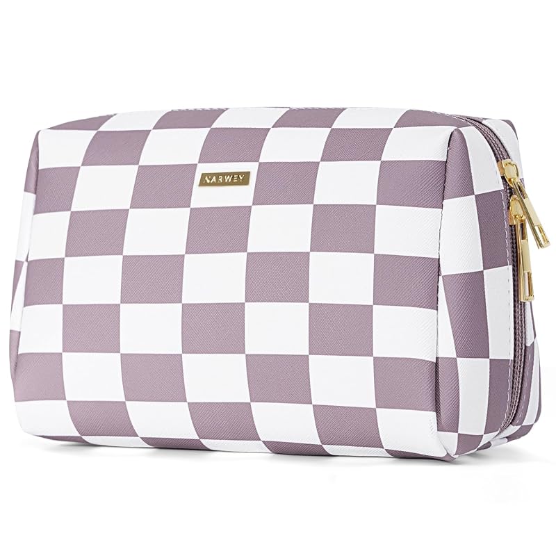 Necessaire Narwey de couro PU com estampa xadrez, compartimento interno, Dusty Rose Checkerboard