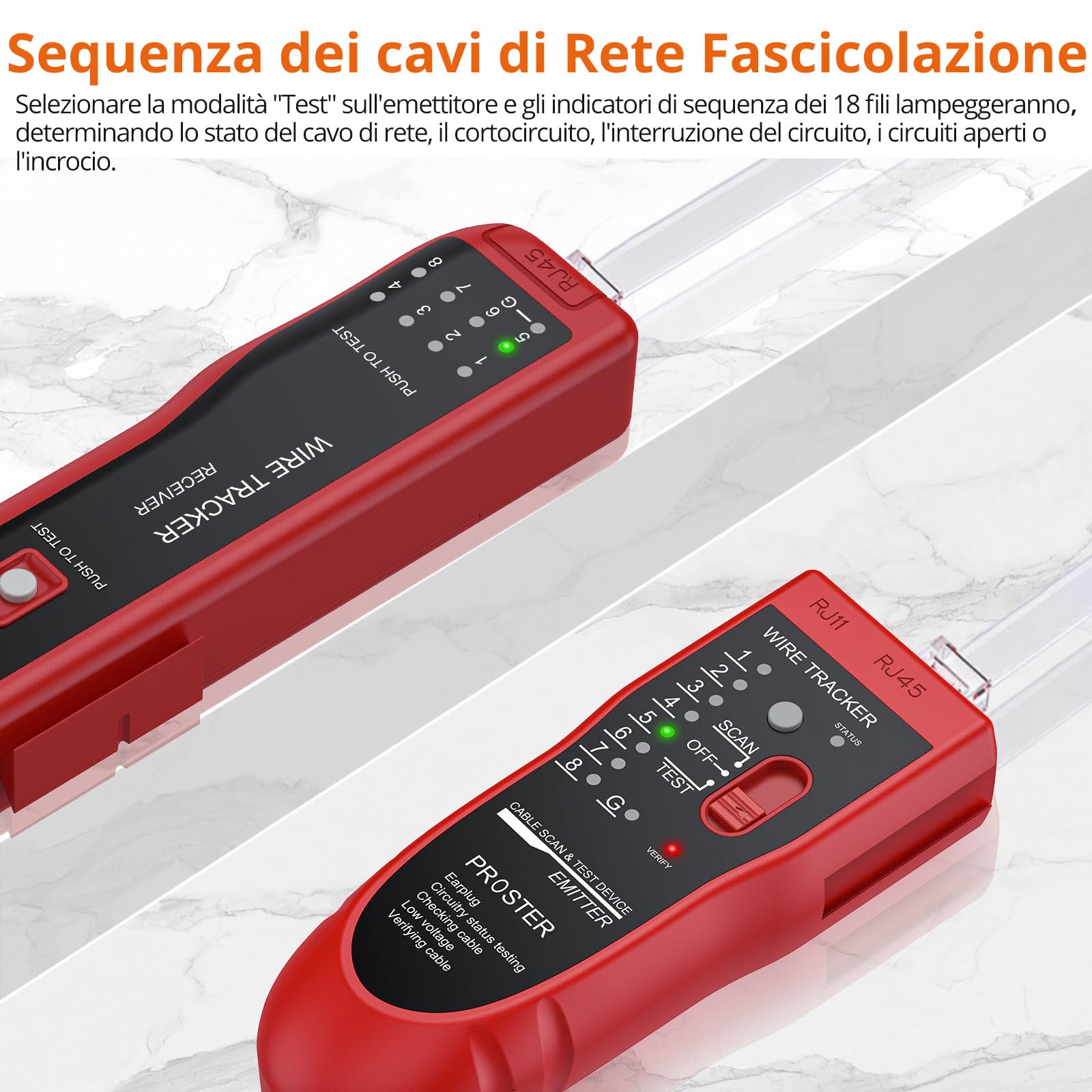 Proster Tester Cavo RJ45 RJ11 con Cuffie Tracciatore Tester Cavi Rete LAN Cavo RJ Portatile Localizzatore Cavo Cellulare Telefono Alta Sensibilità per LAN Ethernet BNC RJ45 RJ11-Rosso