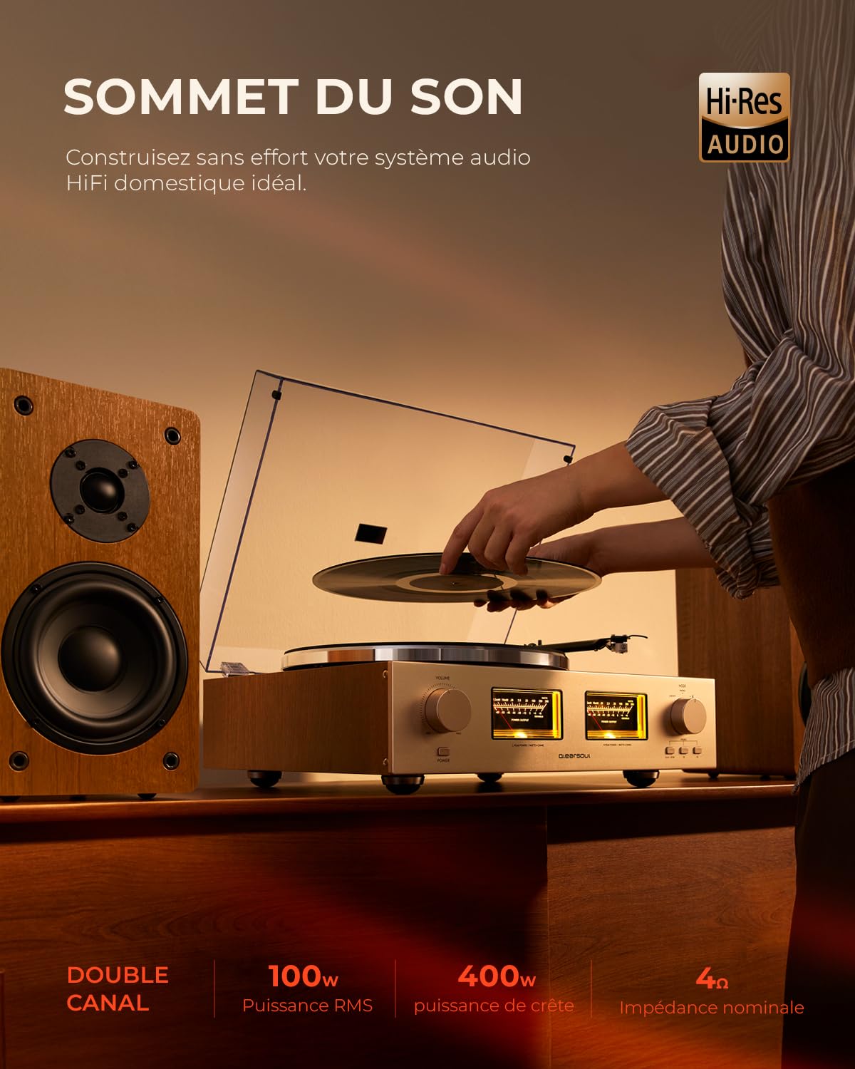 QLEARSOUL HiFire X Platine Vinyle, Système Tourne-Disque HiFi Audiophile avec Enceintes Bibliothèque 100W, VU Mètre, Préampli DSP, Compatible 33/45 RPM, RCA Line in | Out