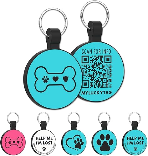 MYLUCKYTAG Silent Silicone QR Code Pet ID Tags - Perfil en línea de mascotas - Escanea QR Recibir correo electrónico de alerta instantánea de