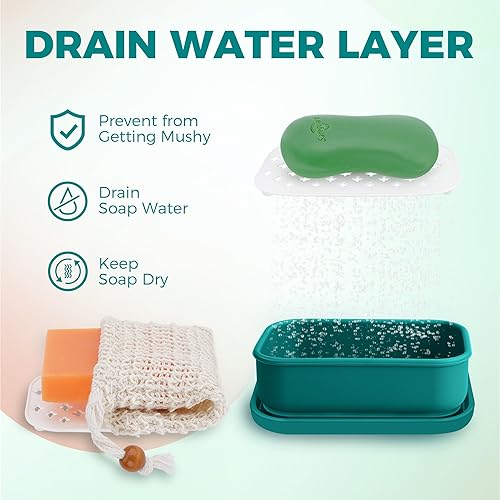 Miniatura 5 de Recipiente de jabón de viaje de silicona, funda de jabón de viaje mejorada a prueba de fugas con capa de drenaje, soporte portátil para jabón de