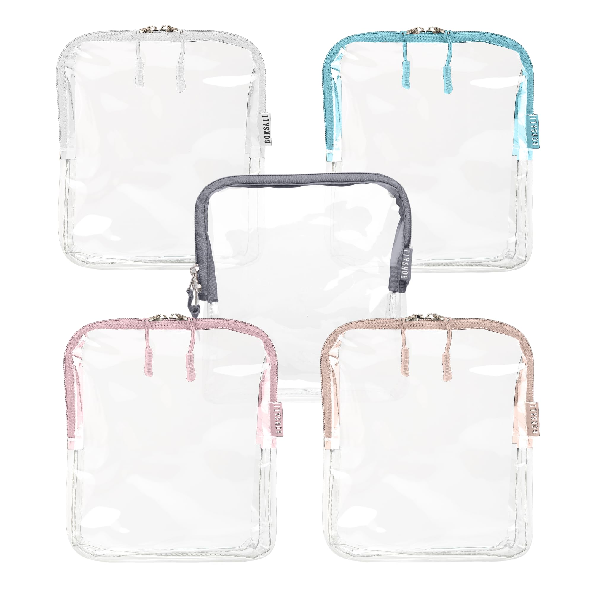 BORSALI TSA Approved Toiletry Bag - Clear Quart Size for 3-1-1 Carry On Travel - Makeup Organizer Cosmetic Pouch with Zipper - Travel Accessories - 5 Pack Colors