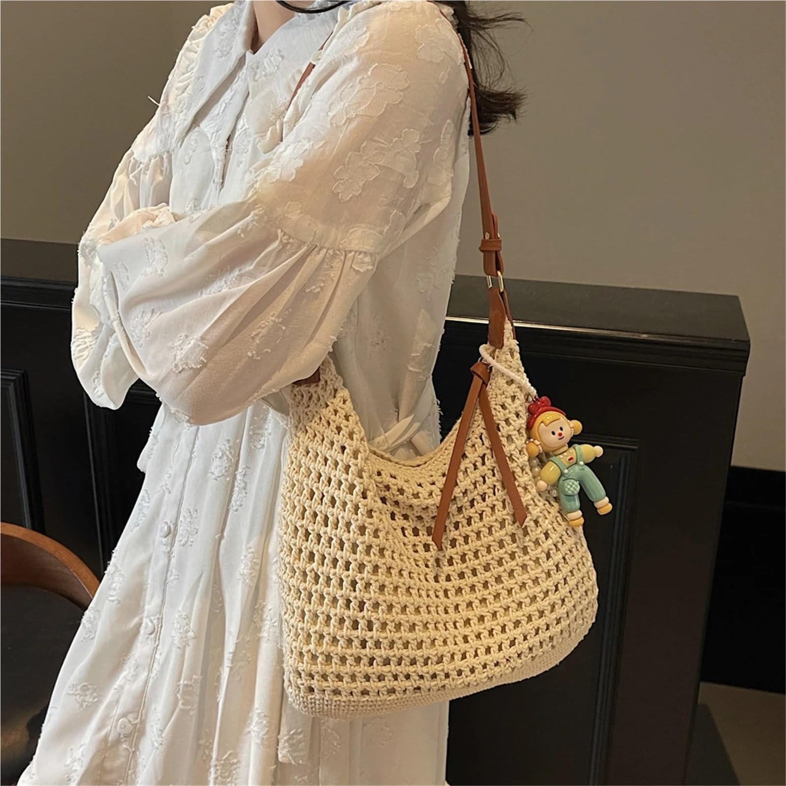 Bolso de Mano Tejido Calado Bolso de viaje paja tejido a mano gran capacidad for mujer, bolso hombro playa, verano, for, viajes, trabajo, ropa