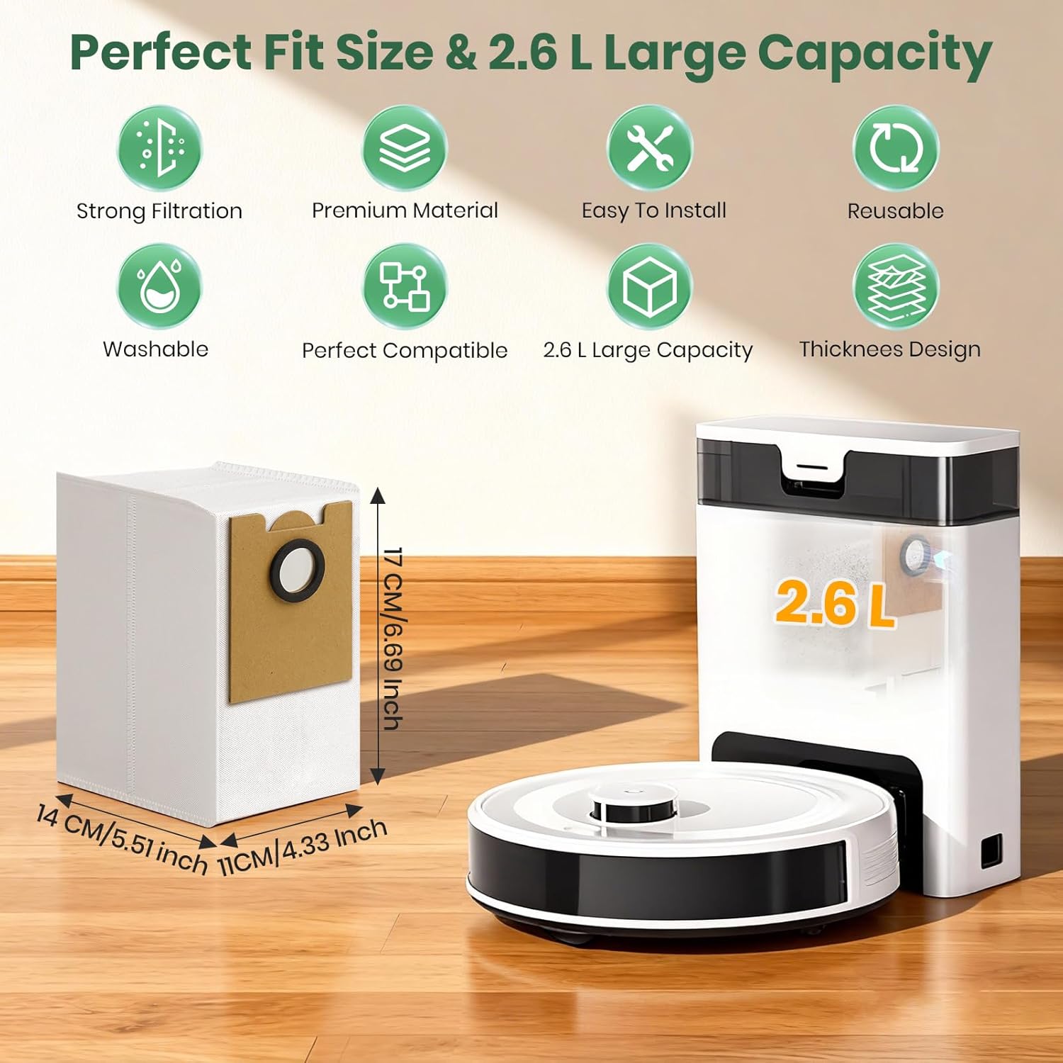 16 Pack M2 Plus Dust Bags Compatible with Lefant M2 Pro M2S Pro M2 Plus Robot Vacuum Bags 2.6L Large Capacity Heavy Duty Bags for Home Vacuum