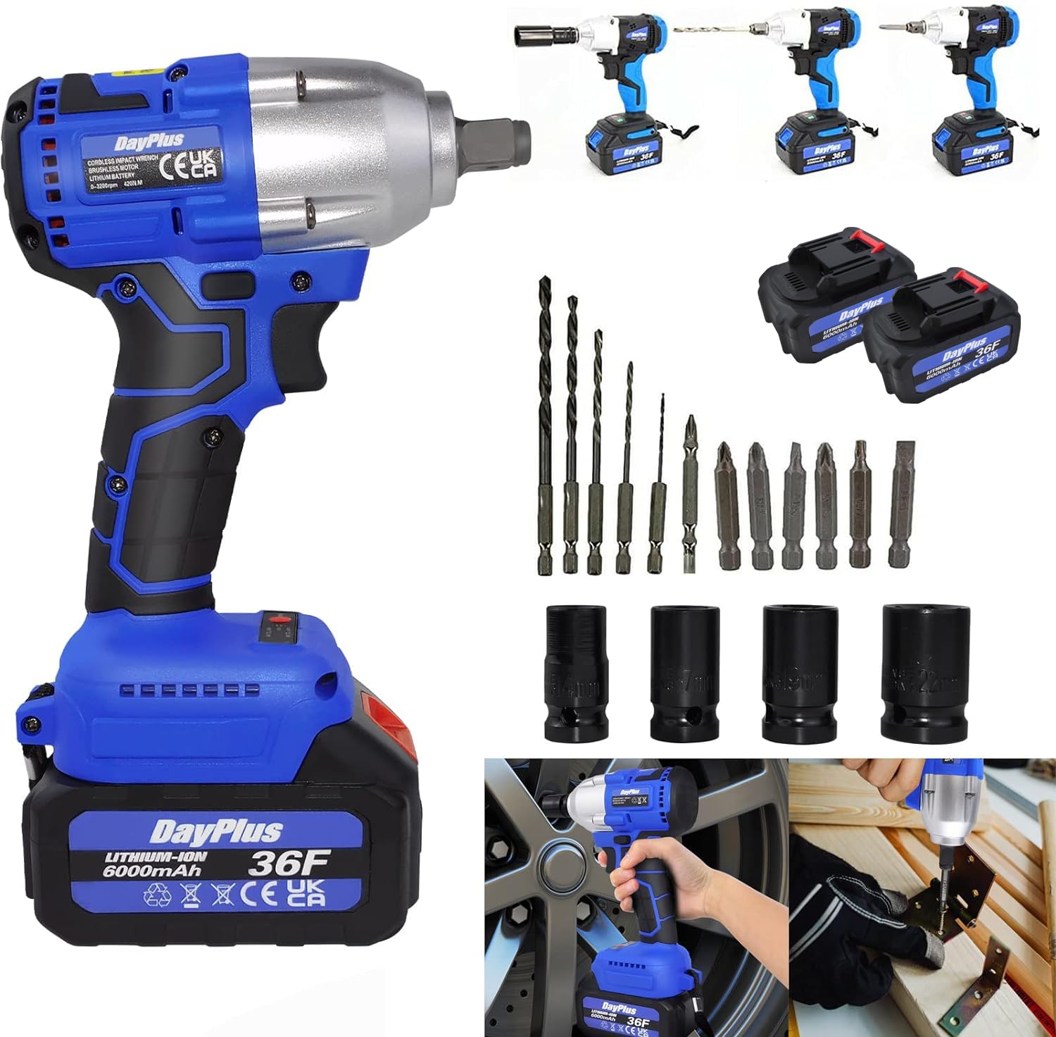 Clé à Chocs Sans Fil Brushless pour Réparation de Voiture, 420Nm Boulonneuse Electrique avec 2x Batteries 6,0Ah 21V, Pistolet à Écrou de Roue, Clé Électrique avec 4 Douilles+12 Embouts de Pilote, Bleu