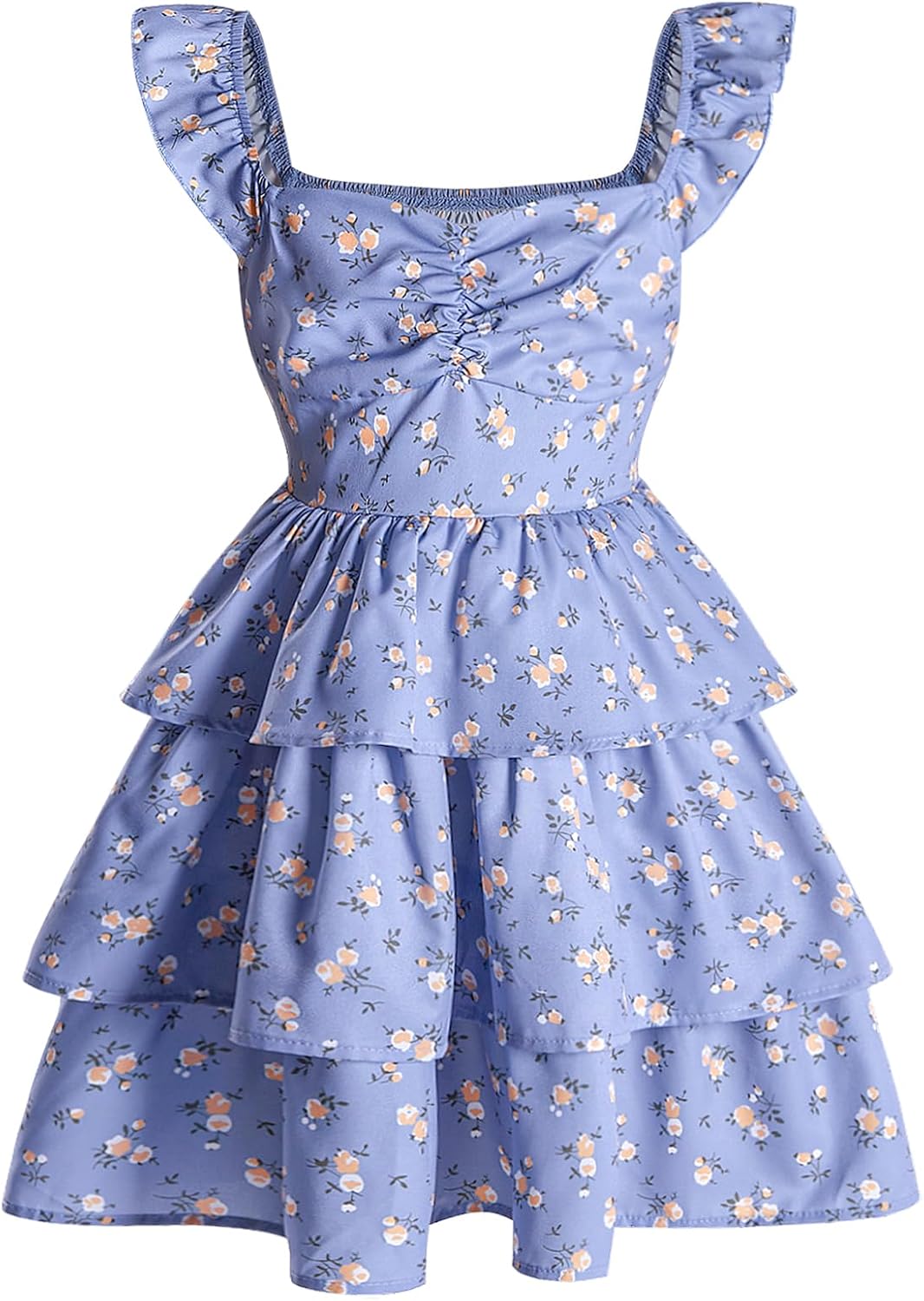 RoseSeek Girl's Floral Summer Dress Ruffle Shirred High Waist Ruched Sweetheart A Line Spring Dress