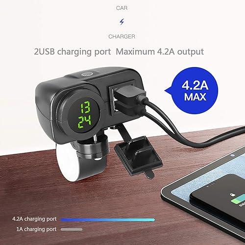 Miniatura 7 de Cargador USB dual impermeable de 5 V 3.1 A y voltímetro de pantalla de voltaje azul para montaje de manillar de 78 y 1 pulgada