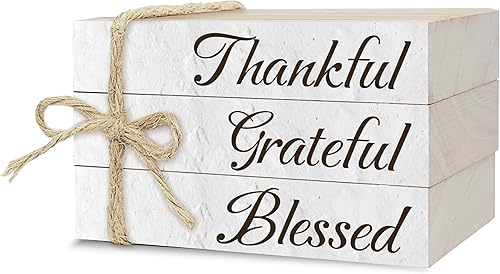 Decorative Books For Home Decor, Wood Book Stack For Table Decor, Thankful Grateful Blessed Decor Books For Living Room Bookshelf Office Coffee Bar,