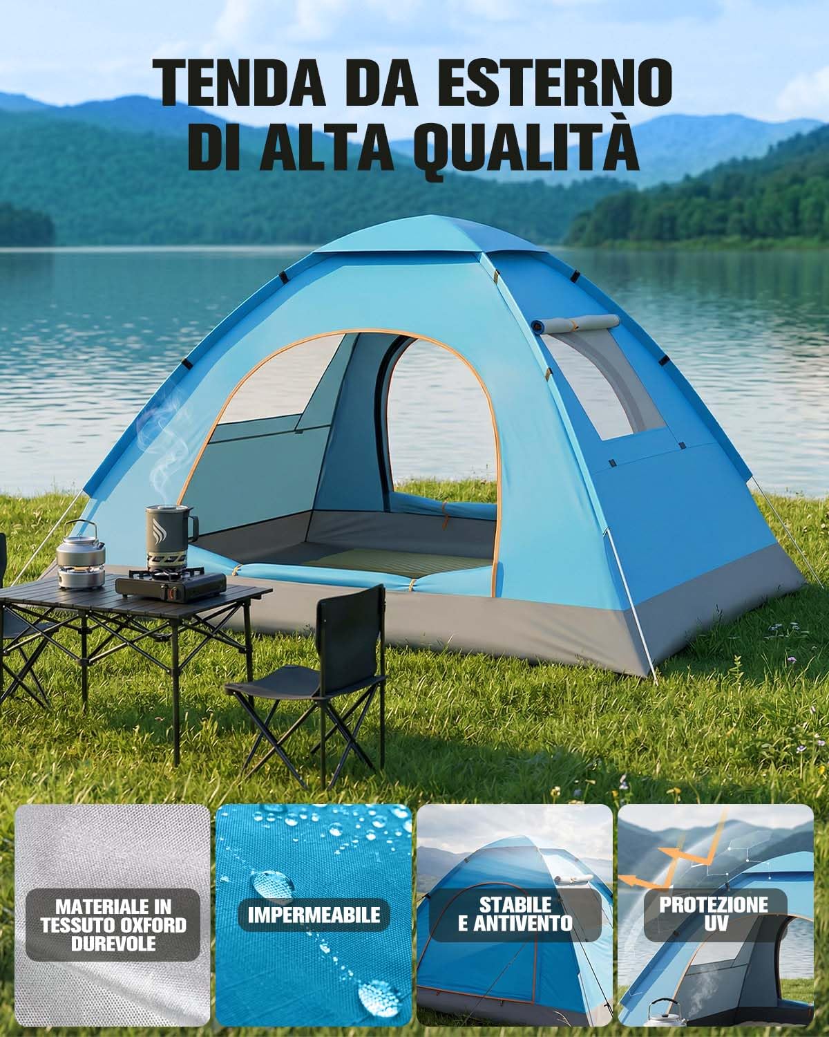 Tenda da Campeggio 2 Persone Pop Up Pieghevole, Tenda Impermeabile Leggera con Doppia Porta e Doppie Finestre, Protezione dal Sole, per Trekking, Escursionismo, Spiaggia e Outdoor