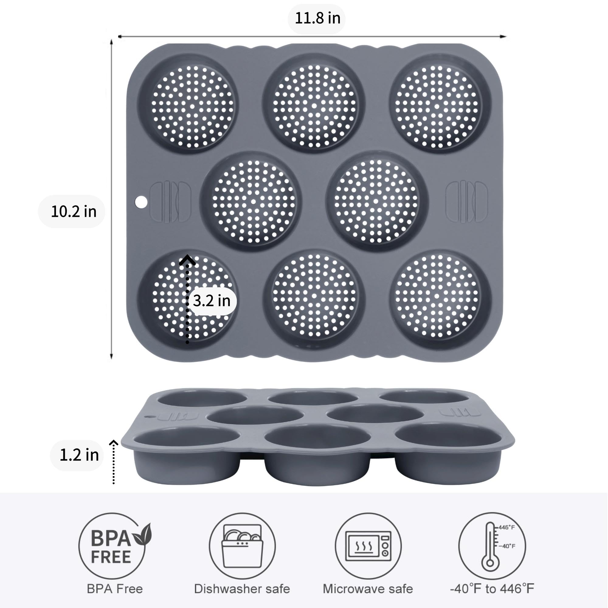Molde para pan de hamburguesa, molde de silicona antiadherente de grado alimenticio, molde para pan de hamburguesa perforado con 8 cavidades para panecillos caseros