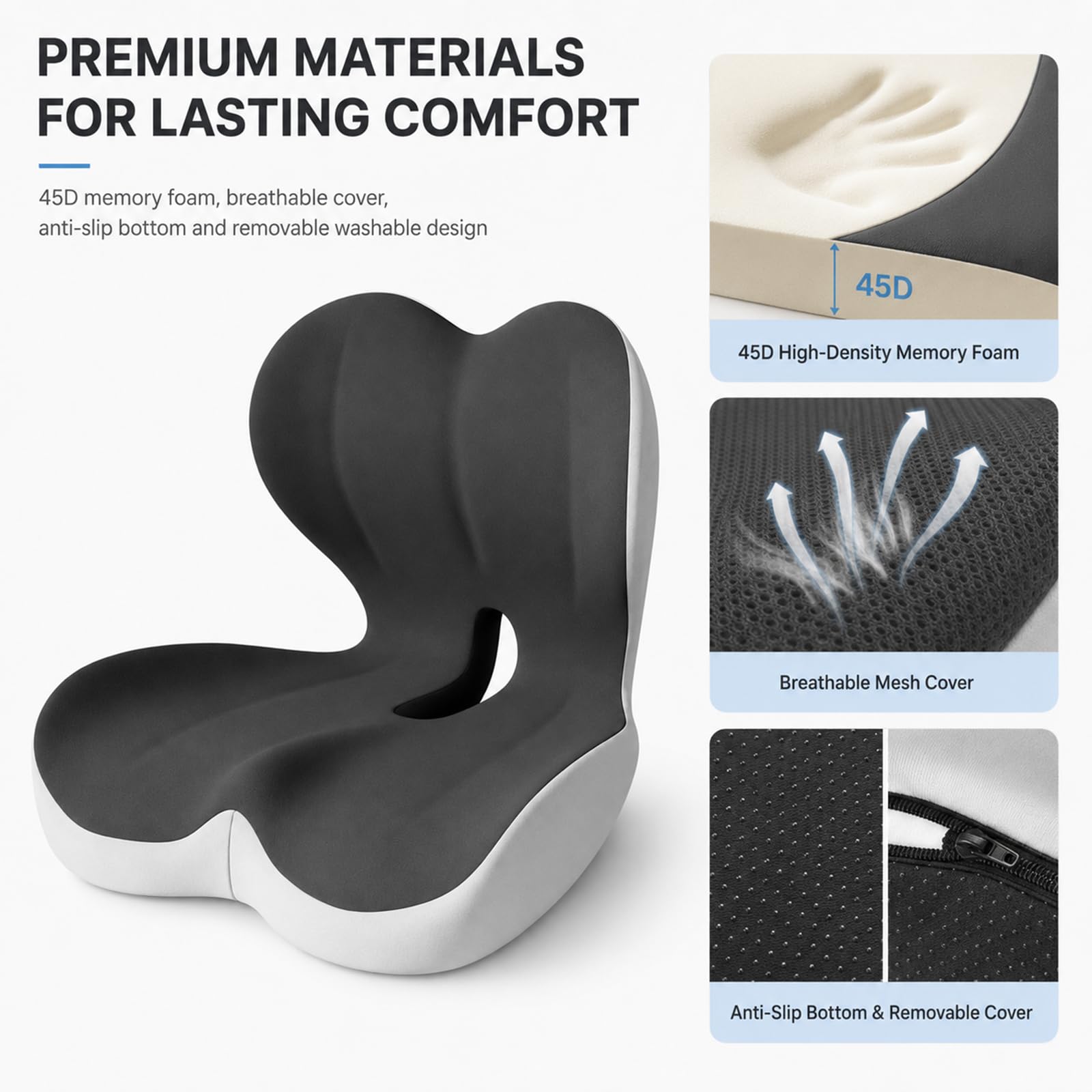 Cuscino Ortopedico con Schienale, ergonomico a Forma di L | con supporto lombare, in memory foam, per sedia da ufficio, per auto, sedia a rotelle, antiscivolo, sollievo dal dolore