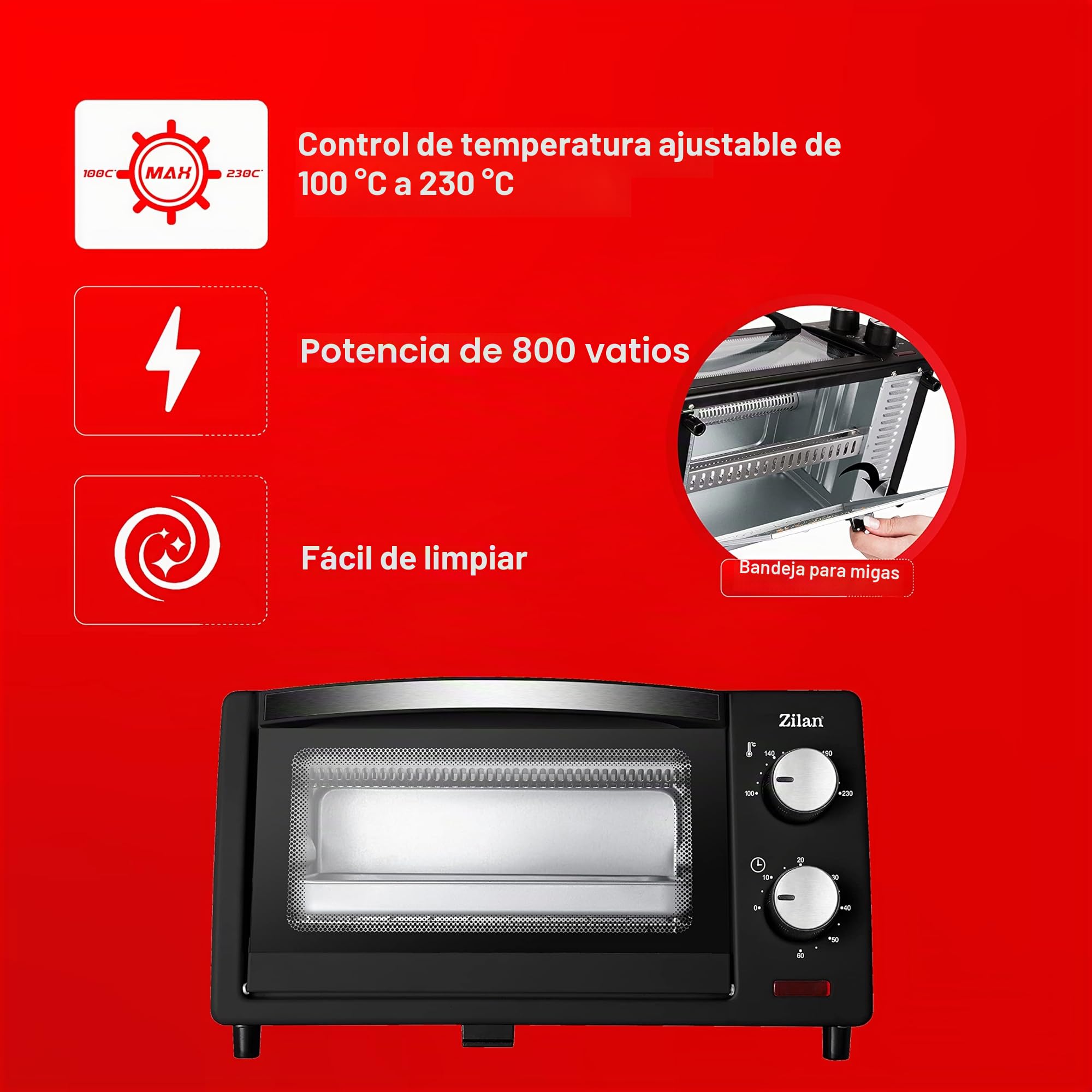 zilan z şekil - Horno eléctrico de 9 litros, doble cristal de seguridad, temporizador, 2 unidades, resistencia al cuarzo, bandeja recogemigas, 1 bandeja cuadrada, rejilla cromada, 800 W, ZLN4328