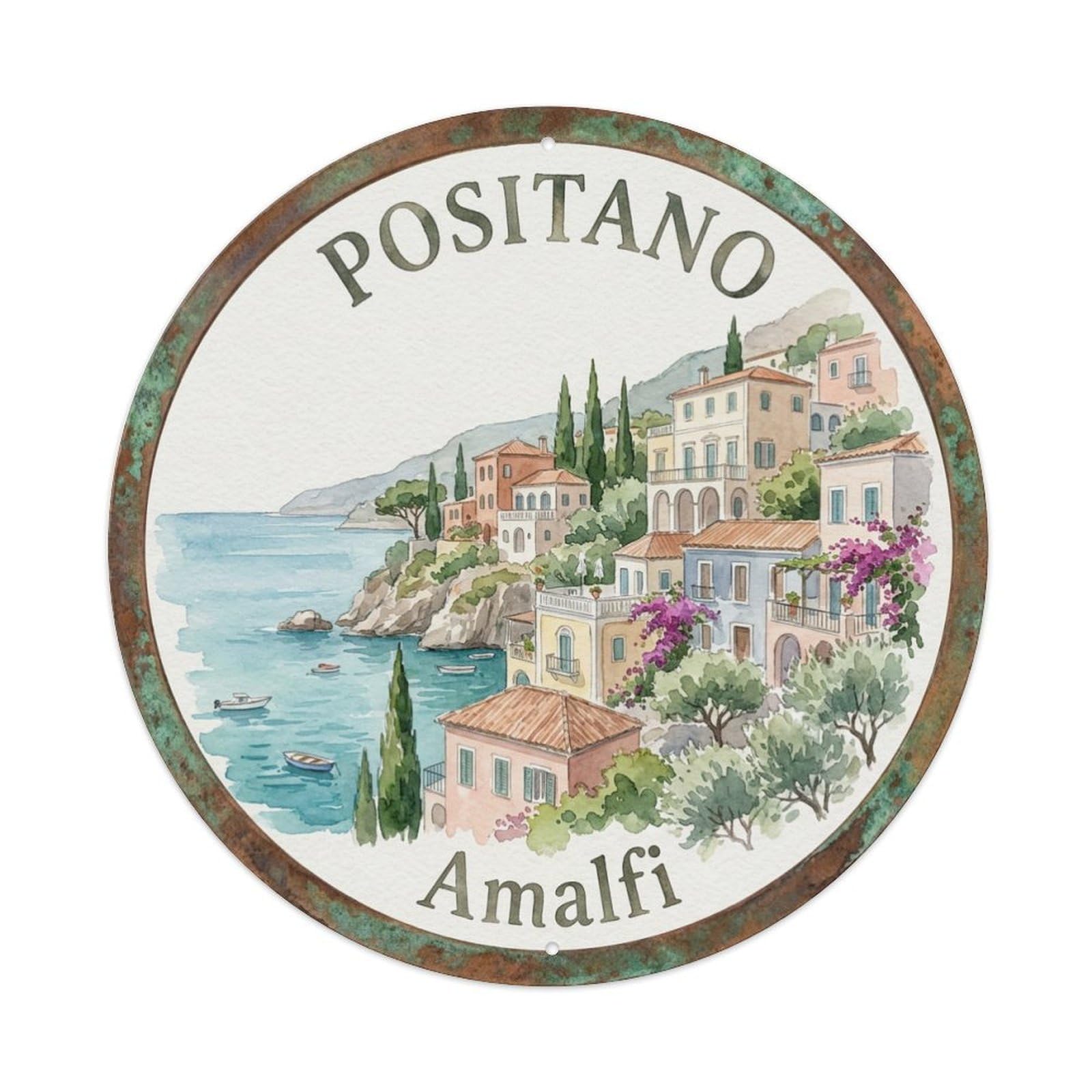 Vintage Travel Positano Italy Riviera Metal Tin Sign Plaque Wall Decor for Cafe, Club, Garden Round Metal Poster 8x8Inch