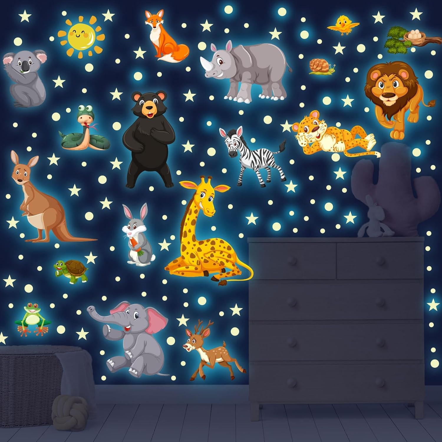 Adesivi da Parete Fluorescenti Animali Giungla Stickers Muro Luminoso Safari Elefante Leone Decorazioni Camera Bambini Verde