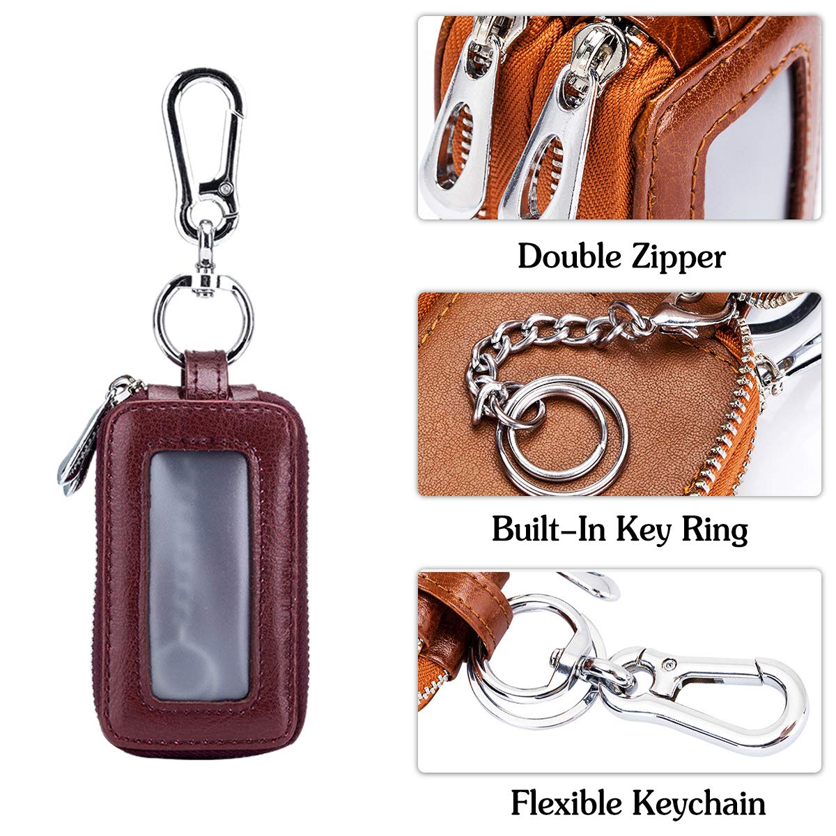 Etuis Porte Clés Véritable Cuir Voiture Clé Cas Portable Porte-Monnaie Car Key Case Rétro étanche Double Pochette Zippée Hommes Femme, Rose, L, Rose, L
