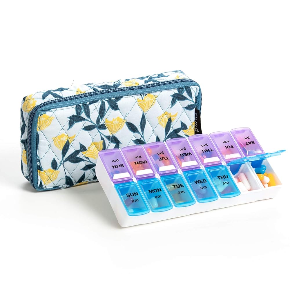 Weekly Pill Organizer 2 Times a Day,7 Day am pm Pill Organizer, Large Daily Pill Cases Pill Box Vitamin Organizer Box,Yellow Floral