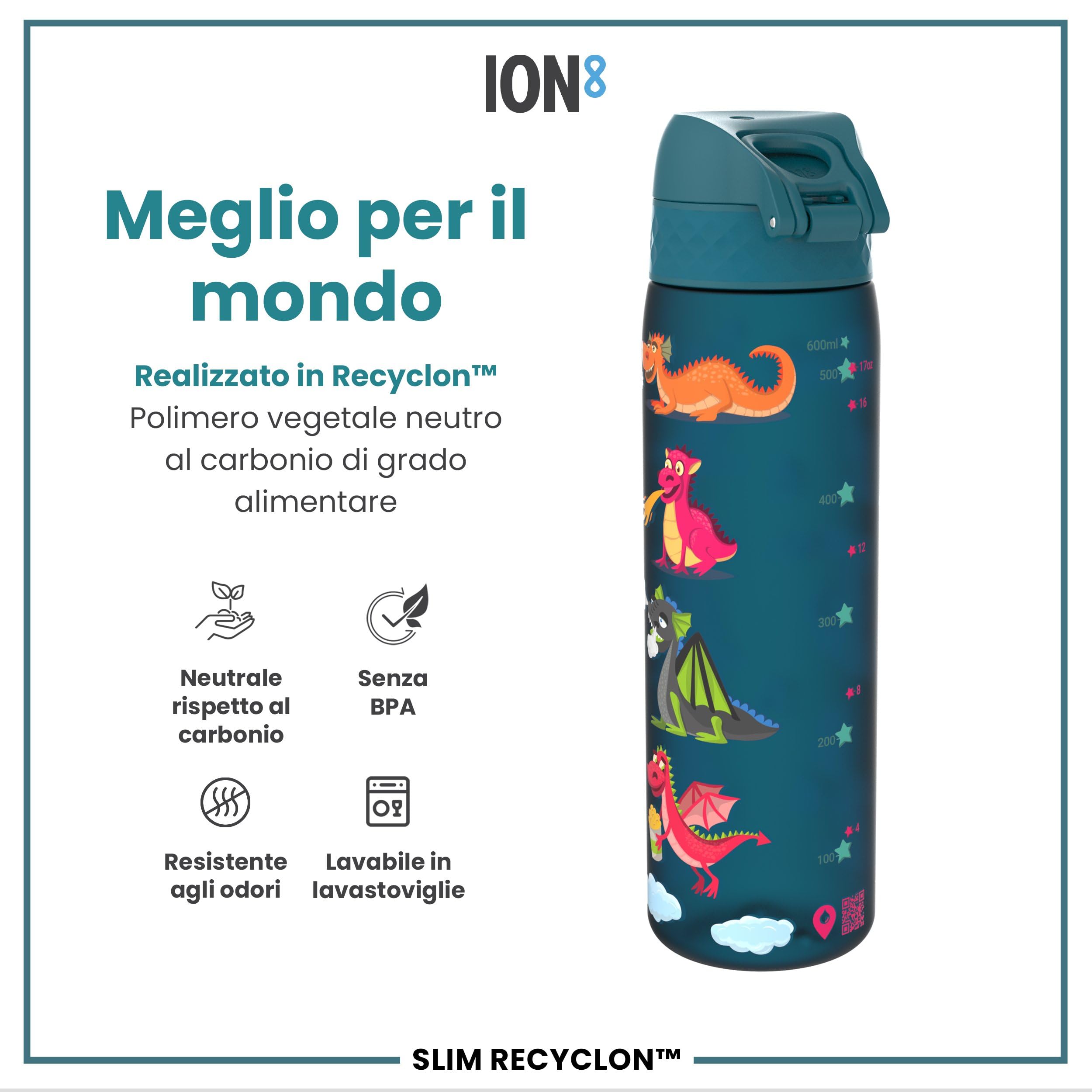 ION8 Borraccia a Prova di Perdite, 500ml, Facile da Aprire, Serratura Sicura, Lavabile in Lavastoviglie, Senza BPA, Maniglia per il Trasporto, Adatta a Portabicchieri, Facile Pulizia, Draghi