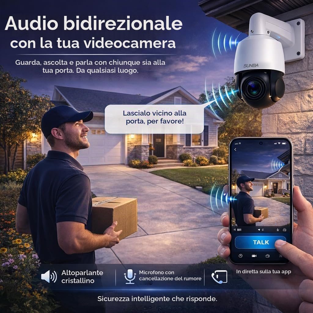 SUNBA Telecamera PTZ 4K da Esterno, Zoom Ottico 20X, PoE IP, AI Human Tracking, Auto Tracking, Audio Bidirezionale, Pan 360° Tilt 90°, Alimentazione PoE/DC, Visione Notturna, 0NVIF
