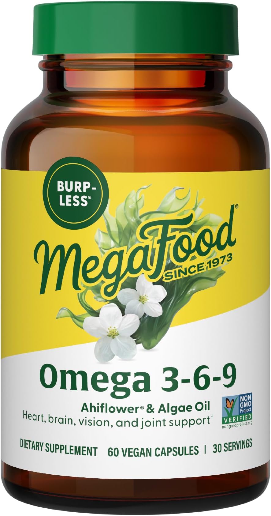 MegaFood Vegan Omega 3 6 9 - Burp-Less Supplement - 600 mg Plant-Based Omega 3 & 150 mg DHA Per Serving - Heart, Brain, Vision & Joint Support - Fish Oil Alternative - 60 Capsules, 30 Servings