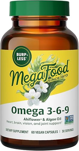 MegaFood Suplemento vegano Omega 3 6 9 sin eructos - 600 mg de Omega 3 a base de plantas y 150 mg de DHA por porción - Soporte para corazón,