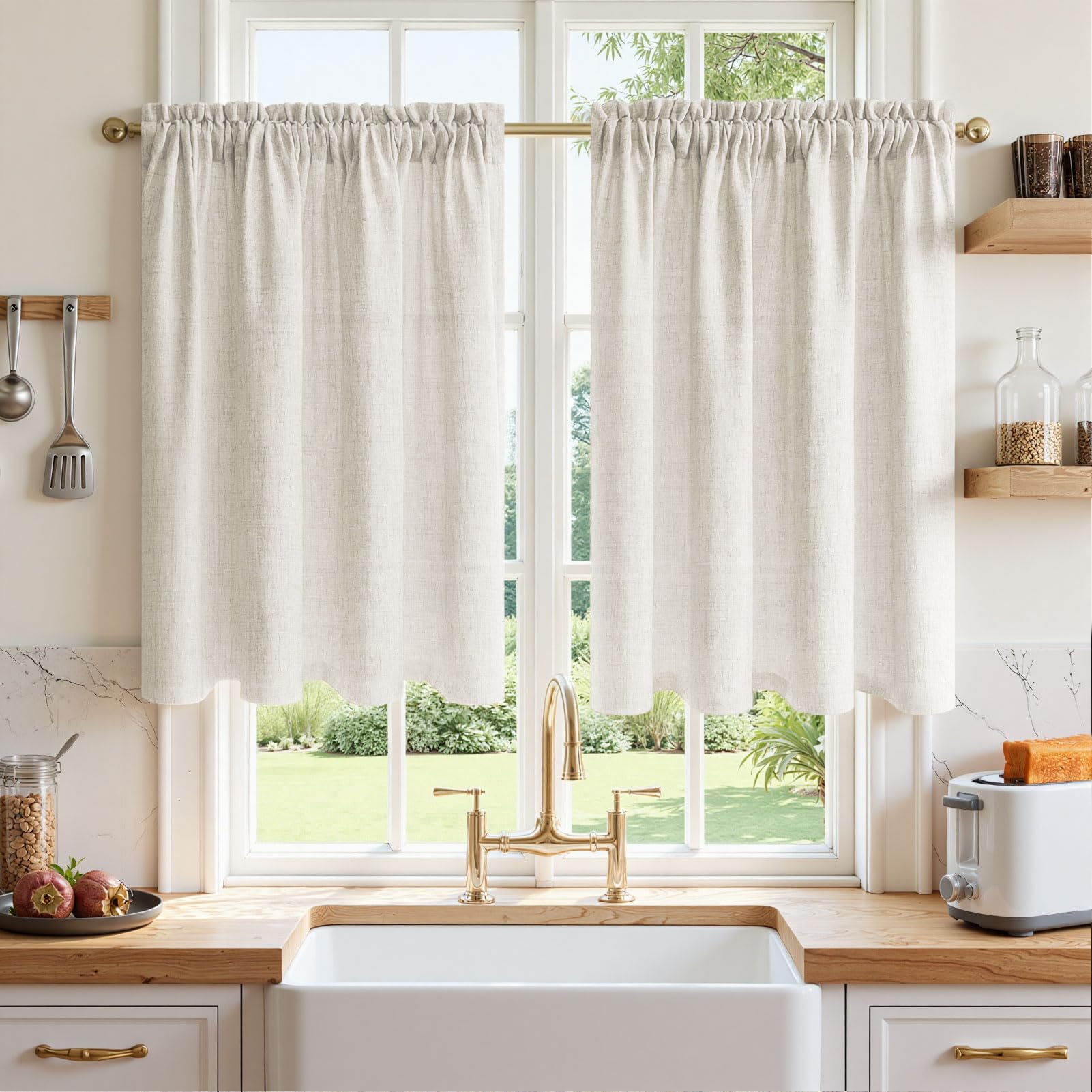 MRTREES Leinen Gardinen Kurz mit Bleiband, Landhausstil Vorhang Halbtransparent für kleine Fenster mit Stangendurchzug Leinenoptik Gardinen für Küche und Bistro