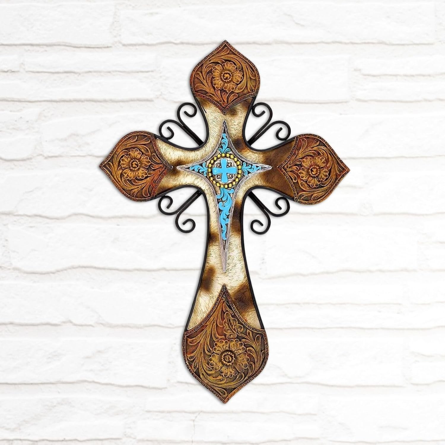 AMAJY Rustic Western Style Cowhide Faux Tooled Leather Wall Cross with Turqoise Center Piece and Floral Embossed Design Spiritual Wall art Southwest Decor