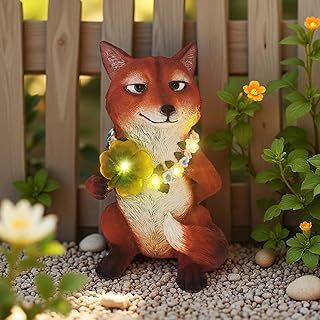 Solar Fox Garden Statue Nick Inspired 12 Inch, Resin Red Fox Figurine Led Outdoor