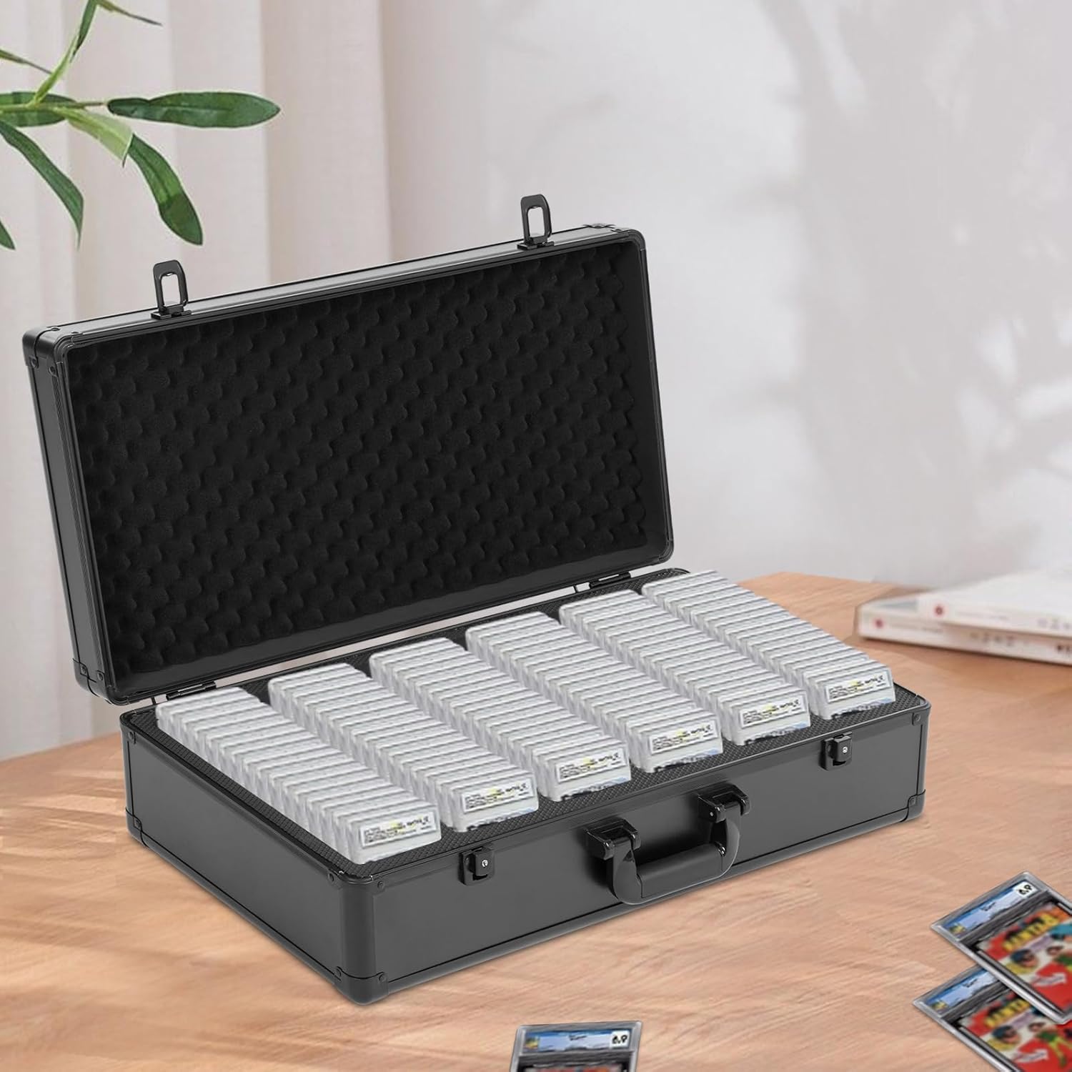Card Storage Box for Graded Cards, 6 Rows Aluminum Alloy Collectible Card Case Holds 222 BGS SGC PSA Holders, with Locking Latches Keys, Black Trading Card Organizer
