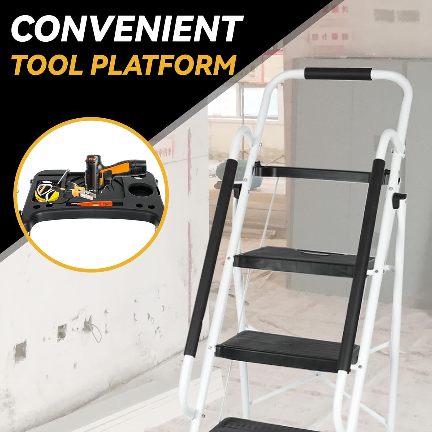 BLACKHORSE-RACING 5 Step Ladder with Handrails & Tool Tray Platform, 330 lbs Folding Step Stool Ladder, Portable Steel Ladder for Kitchen Pantry Home Office Library, White