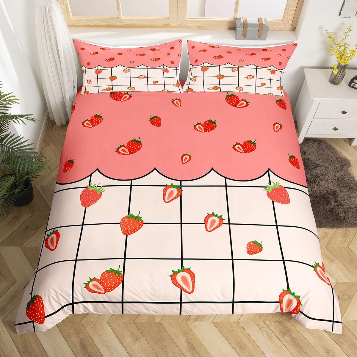 Kawaii Room Decor Shaggy Duvet Cover for Boys Kids Girls Strawberry Comforter Cover Ultra Soft Velvet Plush Bedding Set Cute Fruit Strawberry Cozy Flannel Bedding,1 Duvet Cover + 2 Pillowcases,Full