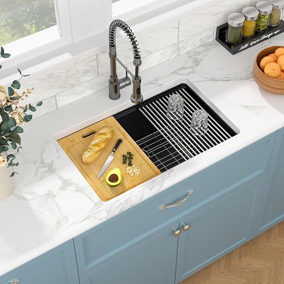 Sarlai 28-Inch Black Granite Composite Kitchen Sink - Undermount Single Bowl Workstation with Ledge, Matte Finish, Quartz Under Counter Basin